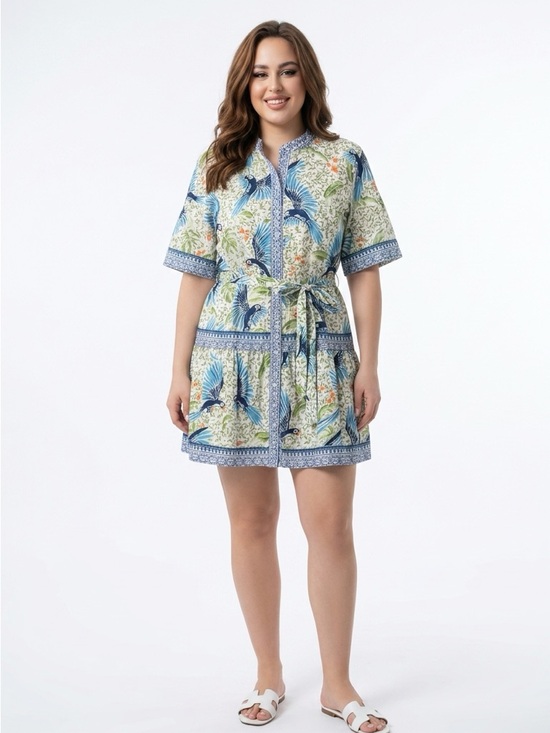 Alex Marie Dresses & Skirts - Blue Tropical Print Dress with Tie Belt